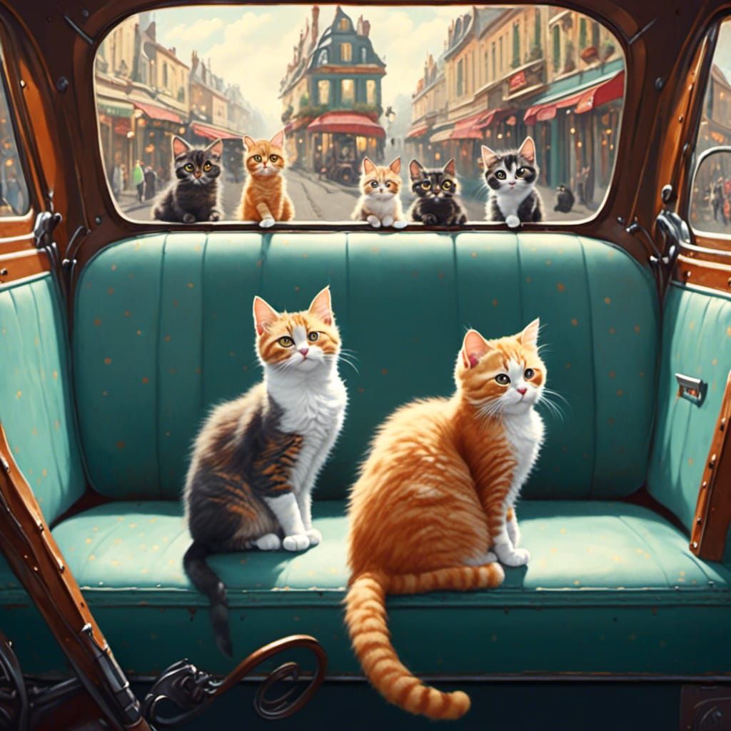 Orange Cat Driving Car with Kittens