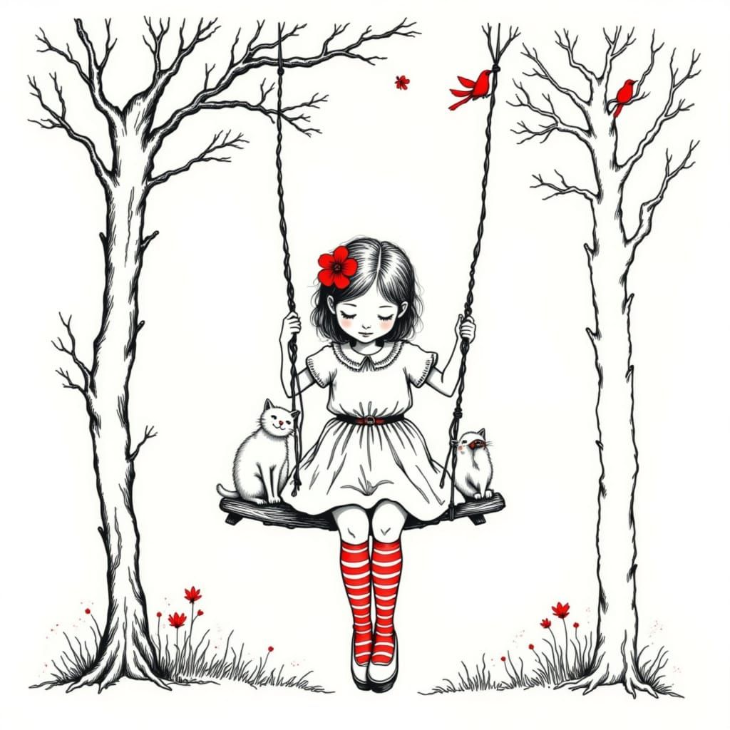Whimsical Folk Art Girl with Cat on Swing in Gothic Style