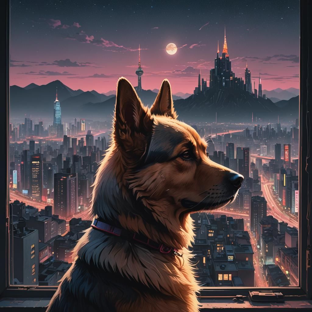 Alsatian Dog Gazing at Night Cityscape in Digital Art