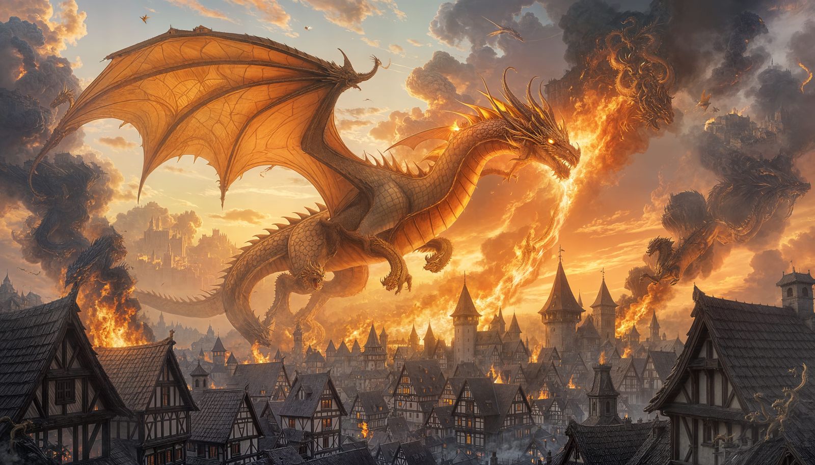 Golden Dragon Attacks Medieval Town with Fire