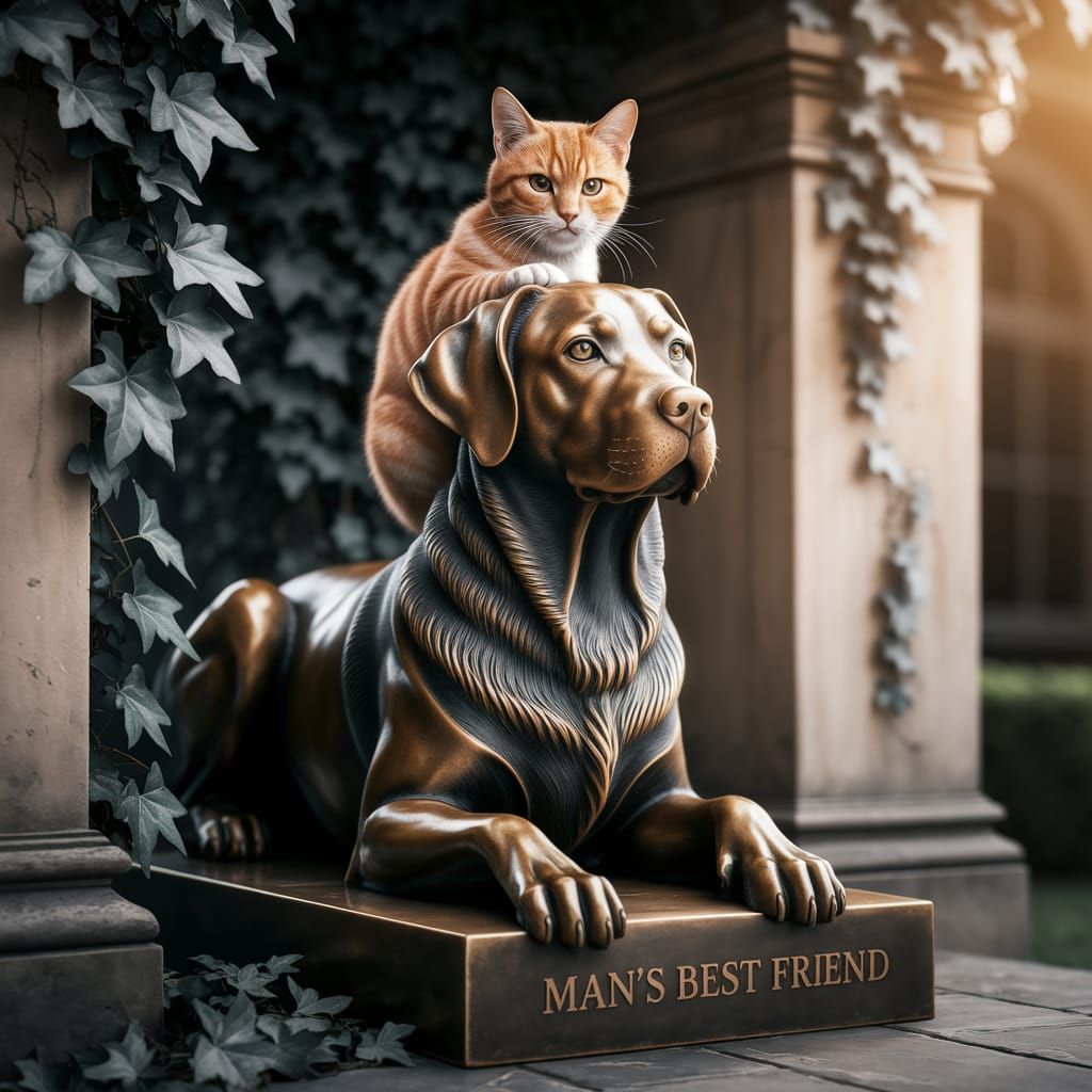 Bronze Labrador Sculpture with Cat and Inscription