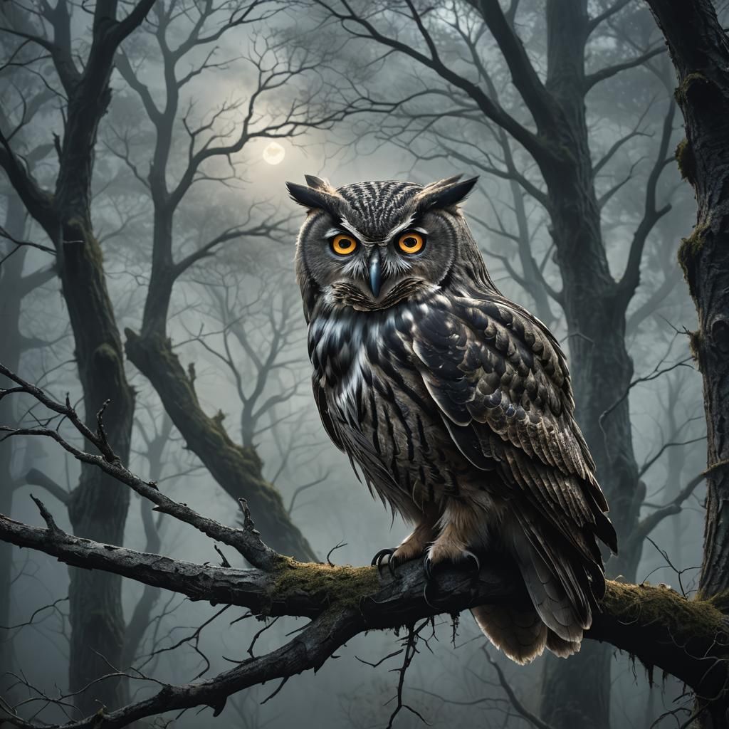 Majestic Owl in Misty Forest: Fantasy Art