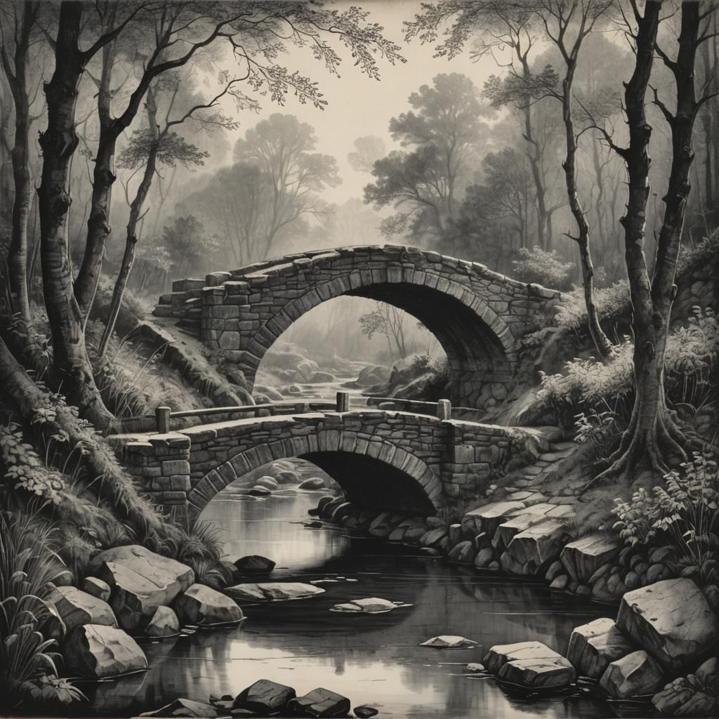 Renaissance Stone Bridge Woodcut in Black and White