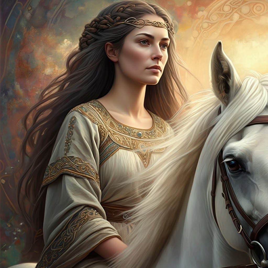 Epona: Celtic Goddess of Horses in Mythical Landscape