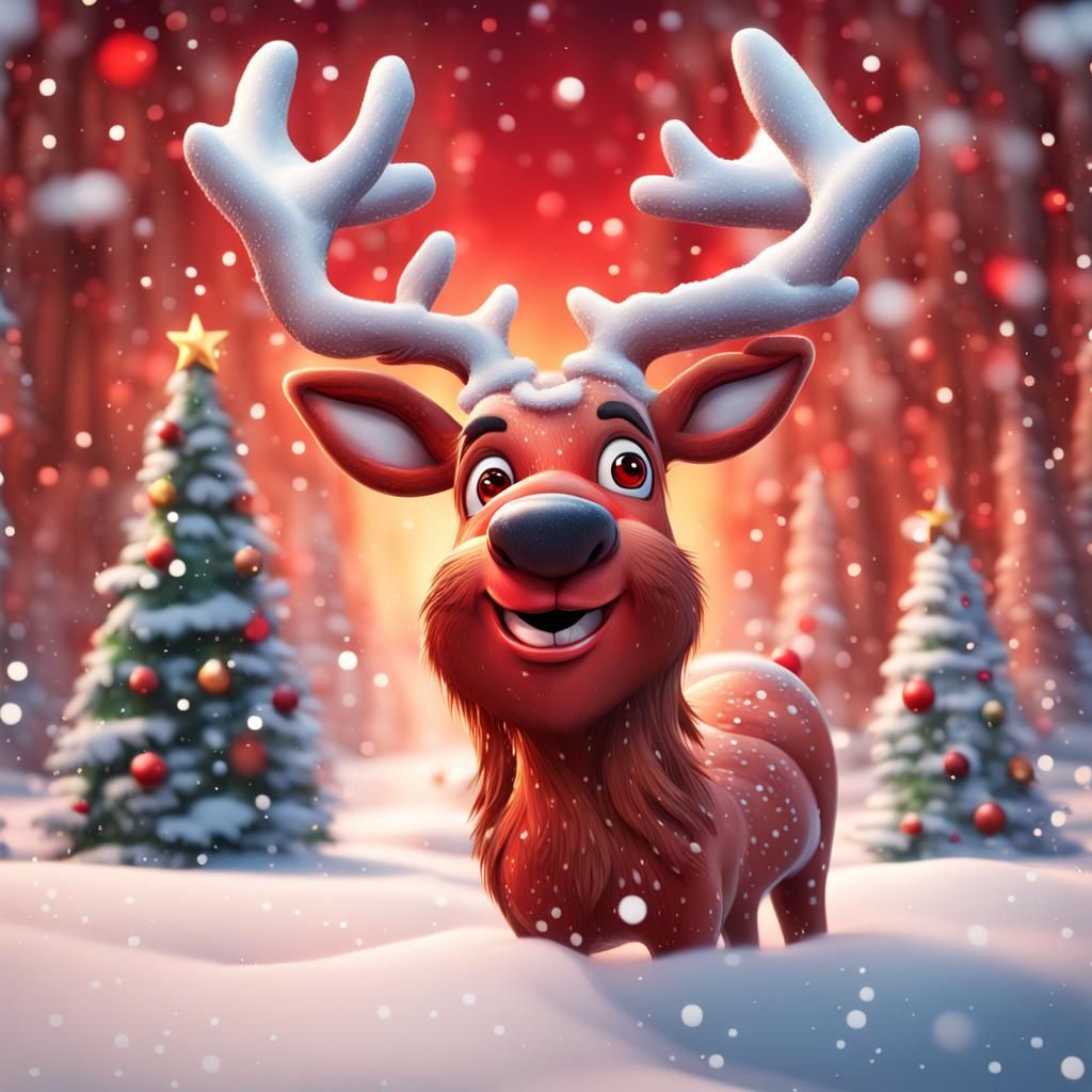 Cartoon Rudolph in Snow: Christmas Scene