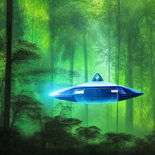 Bioluminescent Spaceship Landing in Rainforest