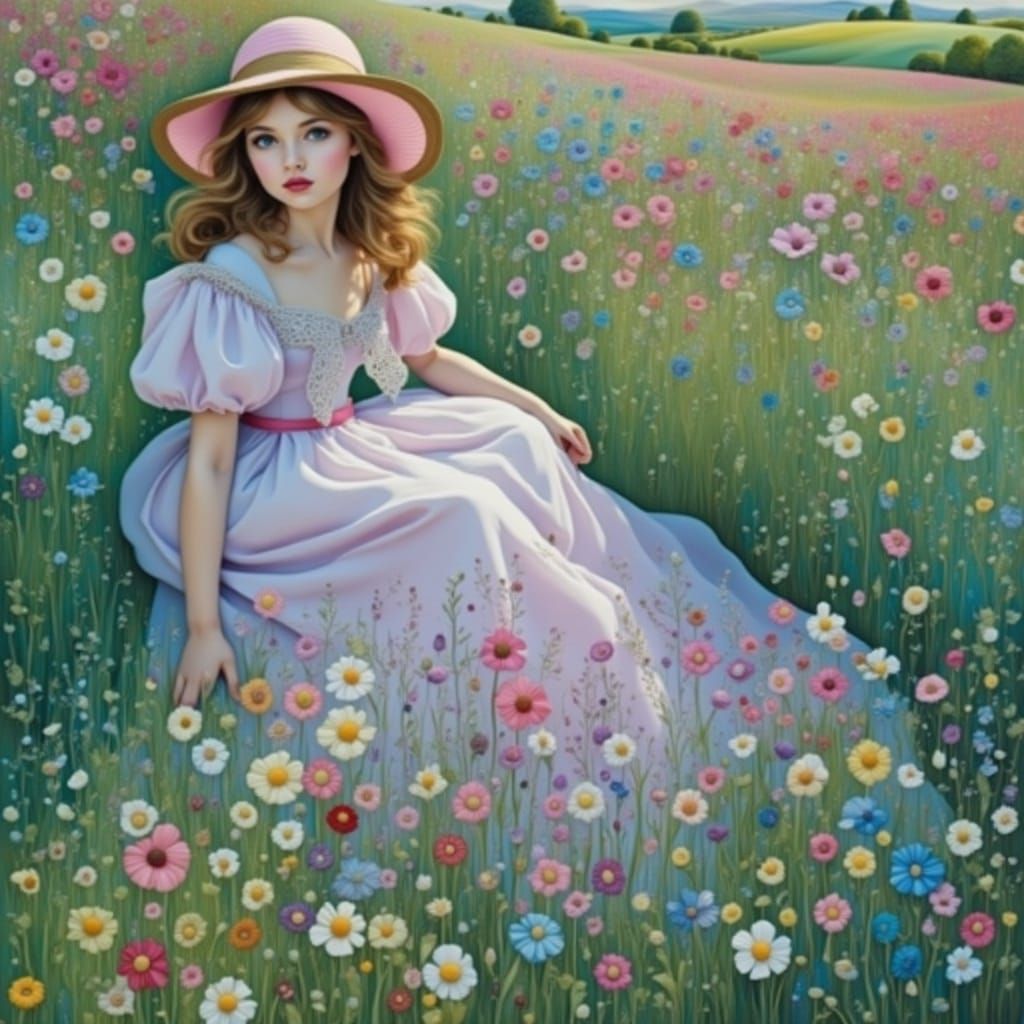 A Young Woman in a Whimsical Pink Meadow