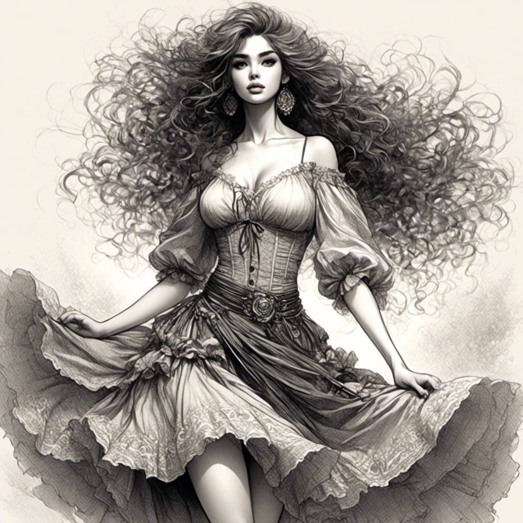 Anime Portrait of Curvy Woman in Flowing Skirt