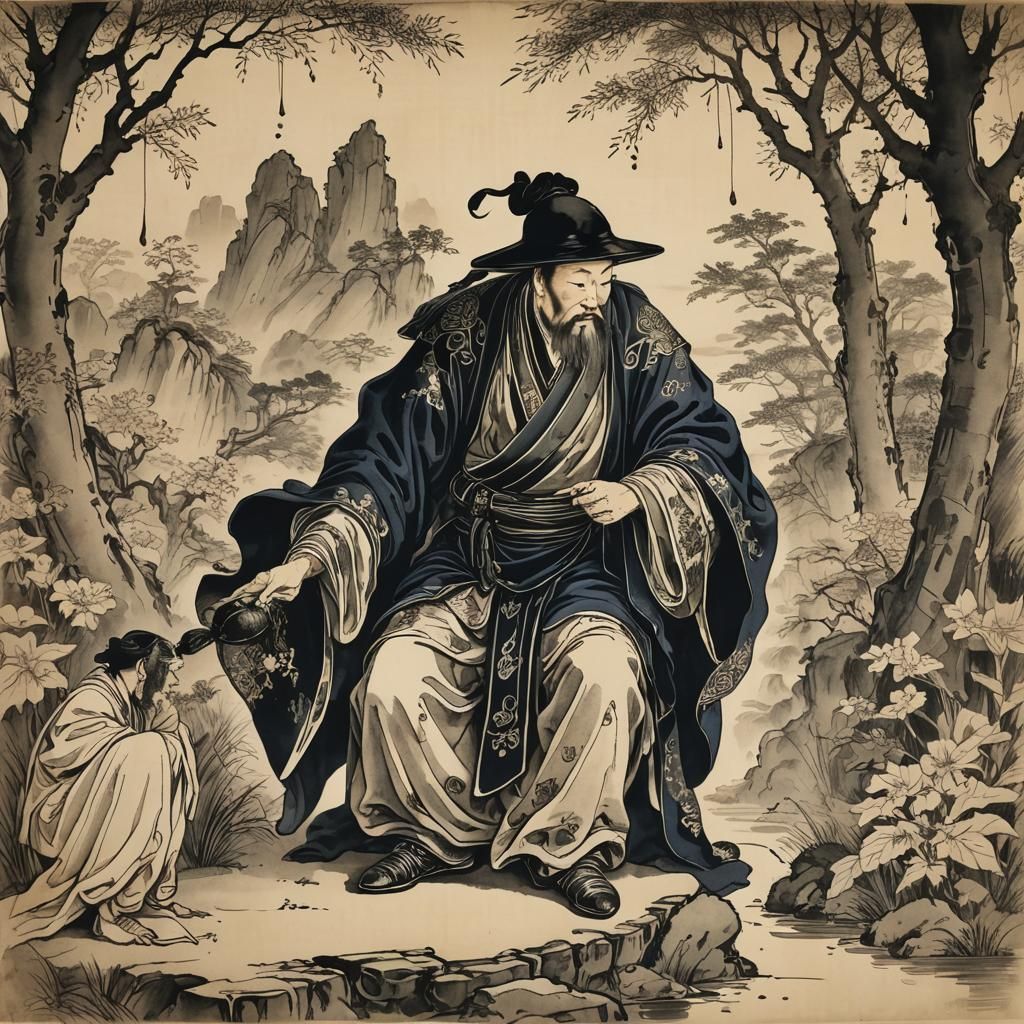 Divine Mockery: Ink Drawing of Opulent Dark Interior