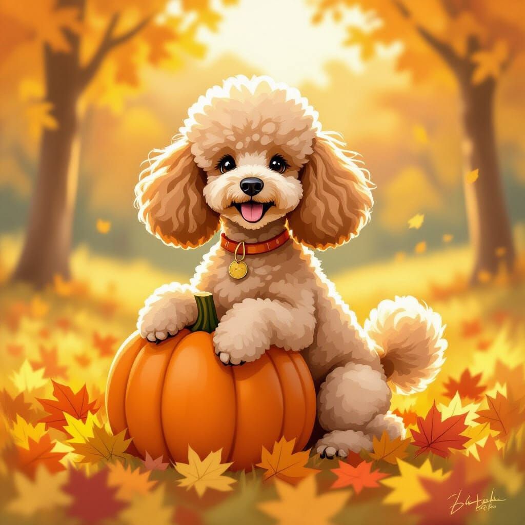 Whimsical Poodle Pumpkin Illustration with Autumn Leaves