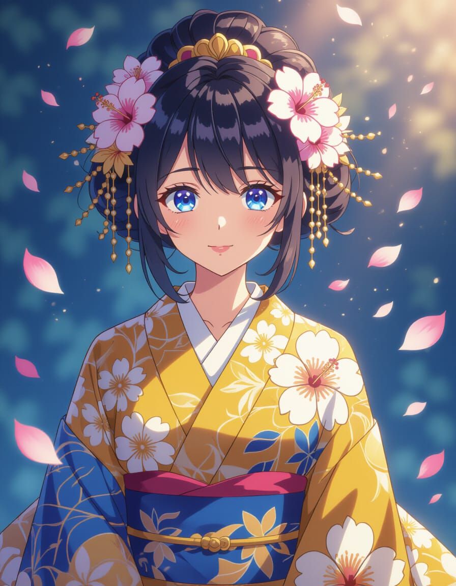 Anime Hibiscus Queen with Sapphire Eyes in Vibrant Style