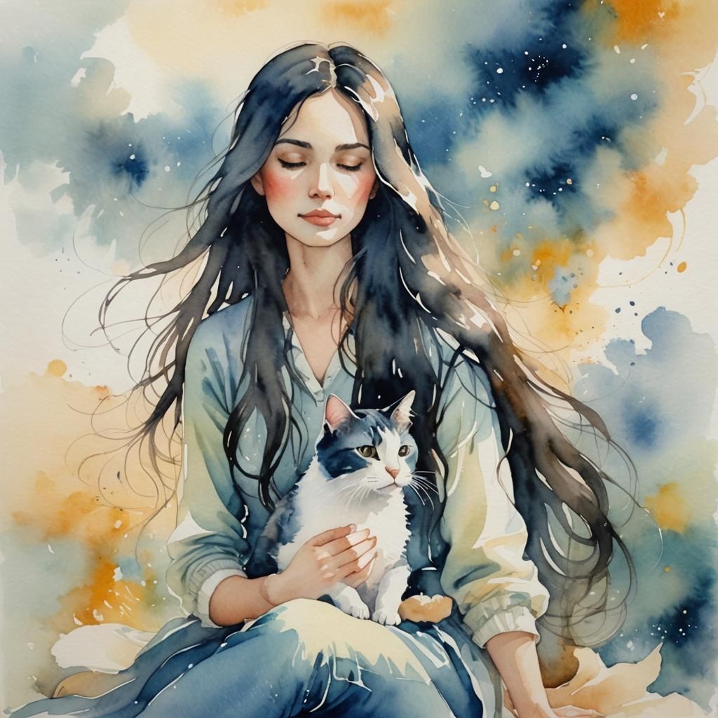 Whimsical Watercolor of Woman with Cat