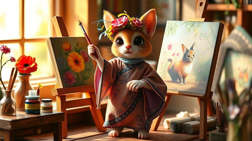 Whimsical Miniature Artist in Summer Garden