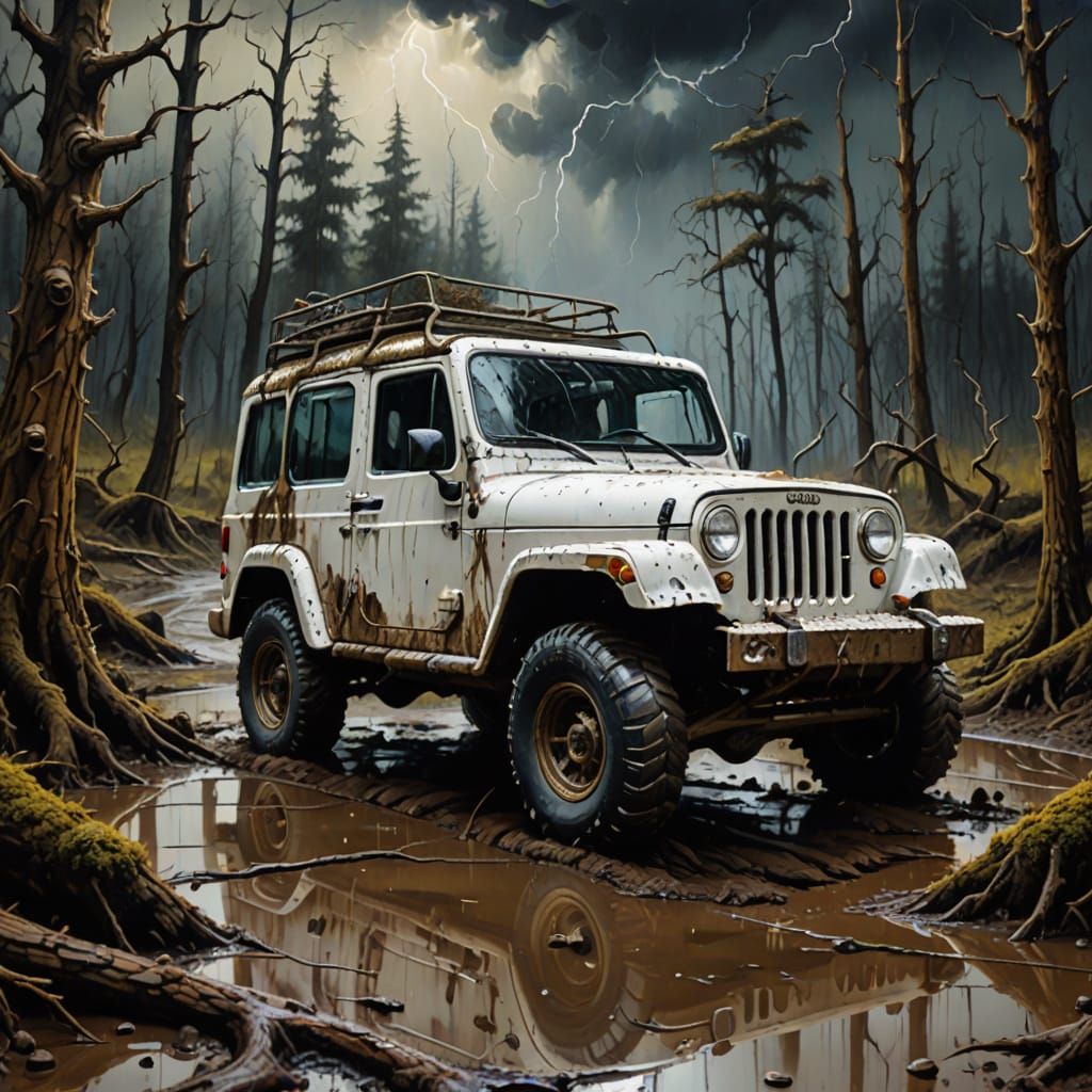 Surreal Muddy Jeep in Melting Forest, Dali Style