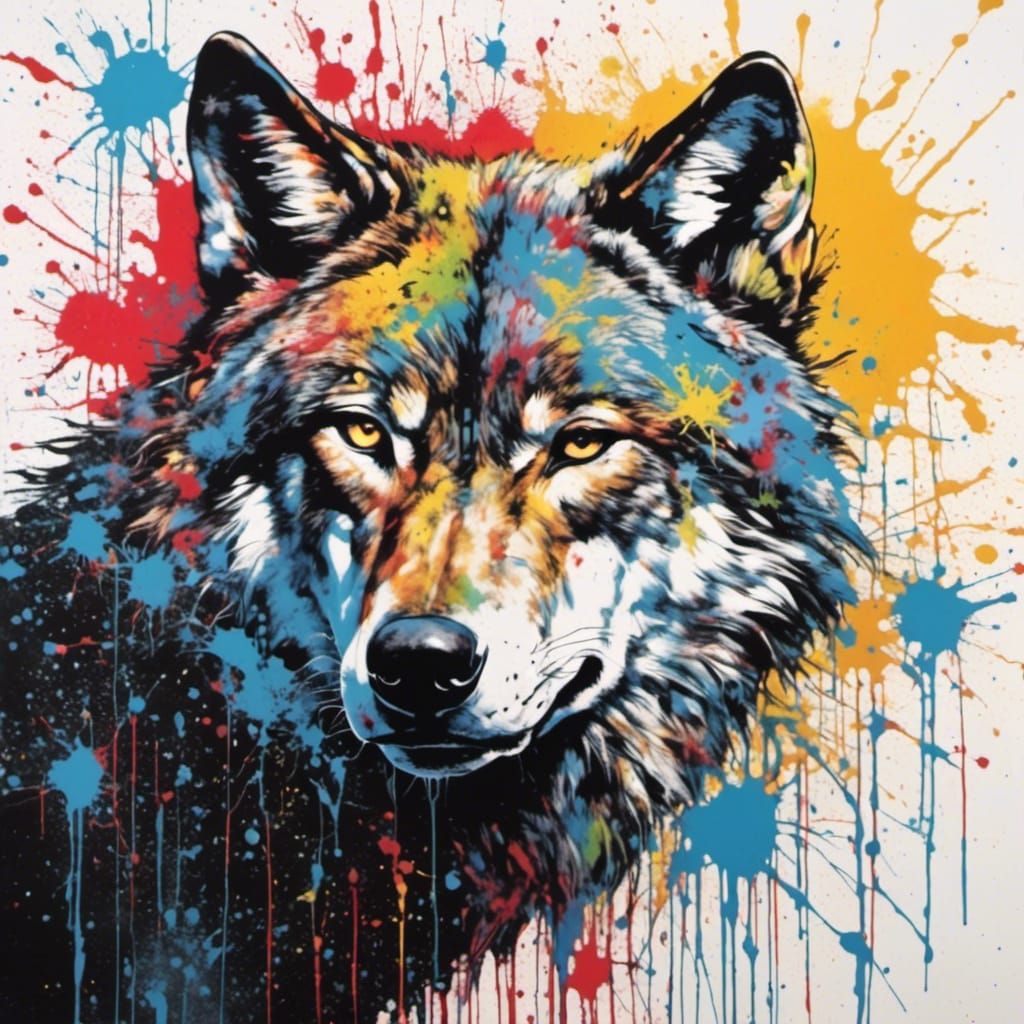 Wolf in Forest Under Moon in Splatter Graffiti Style