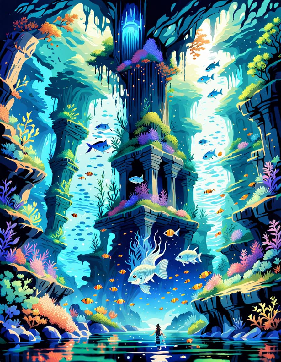Anime Underwater Cave With Glowing Flora