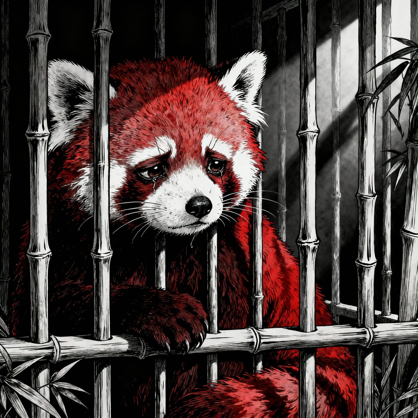 Sad Red Panda Trapped in Bamboo Jail