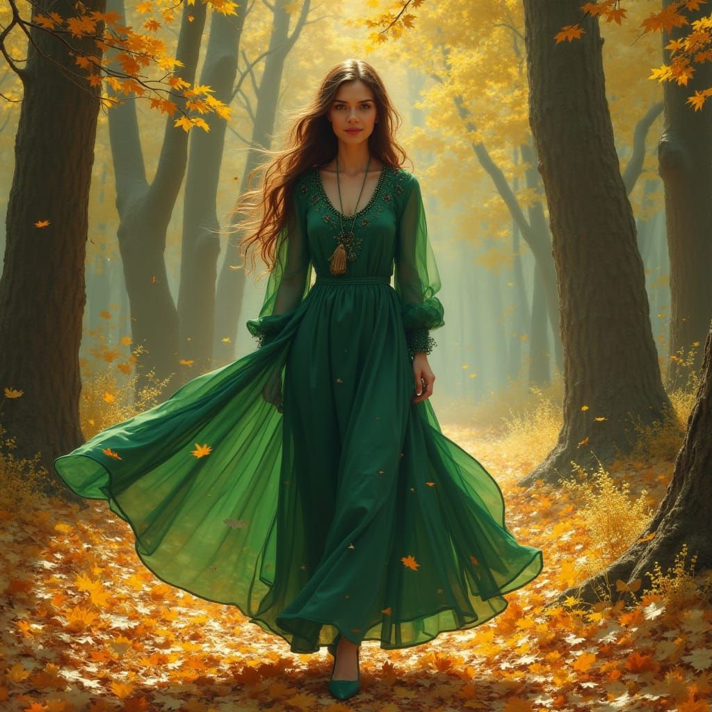 Peaceful Woman in Autumn Forest, Renaissance Oil Painting