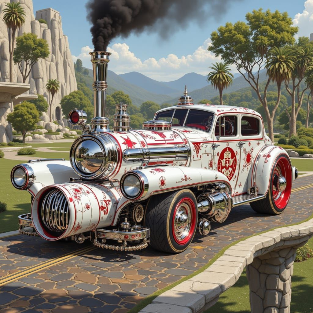 Steampunk Locomotive Car Chrome White Porcelain Red Accents