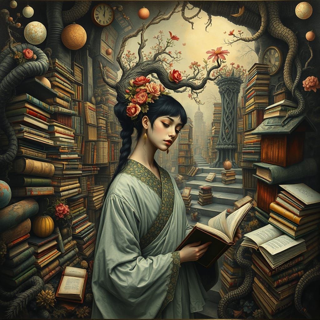 Japanese Woman in a Dreamlike Library