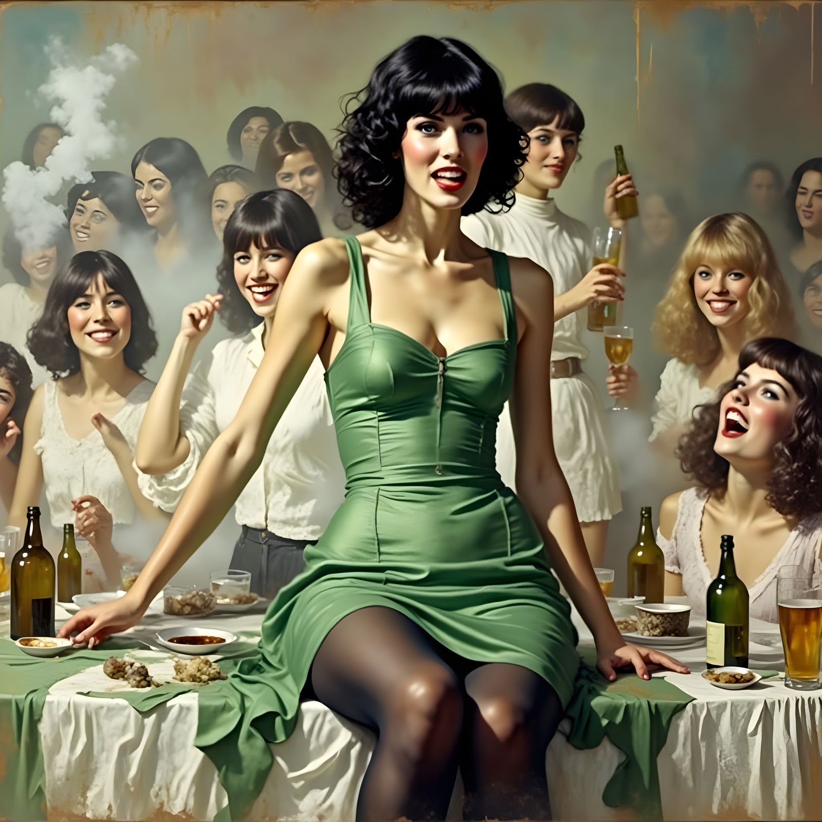 Timeless 1970s Teenage Girl in Festive Green Minidress