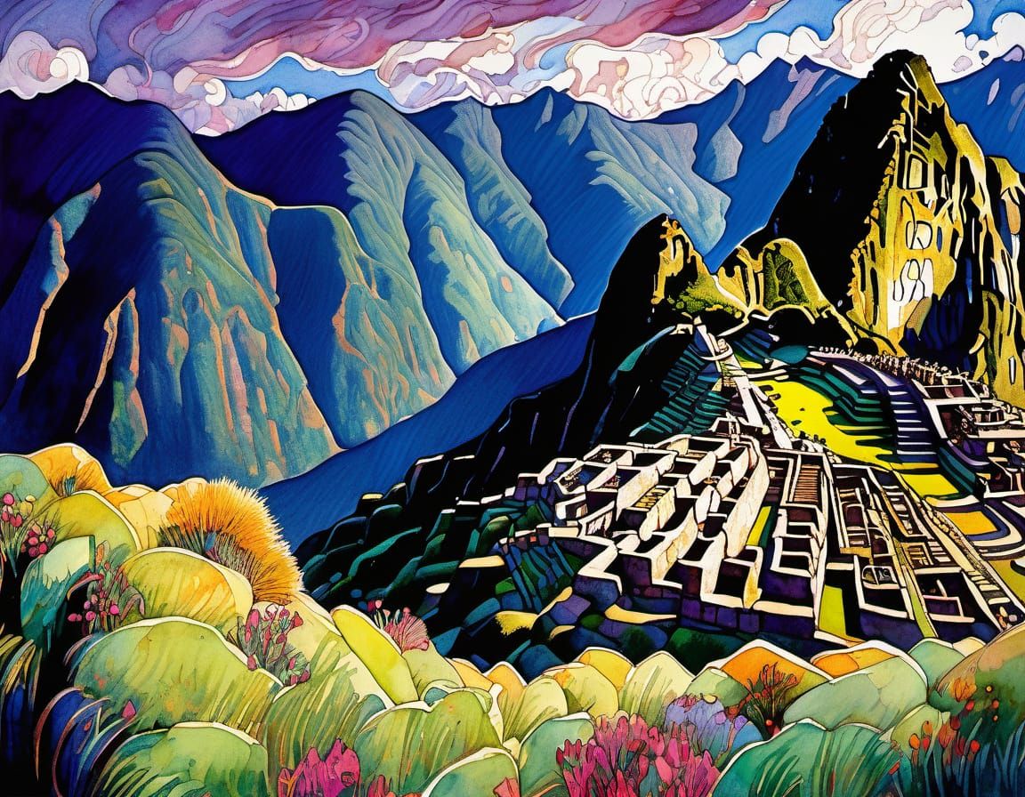 Machu Picchu Terraces: Ink and Watercolour Painting