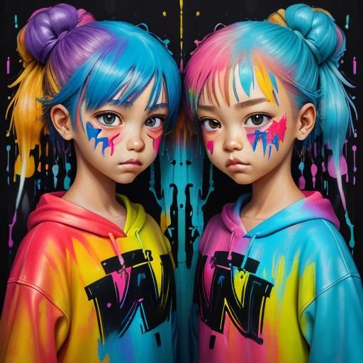 Polychromatic Graffiti Art: Happy Adorable Twins