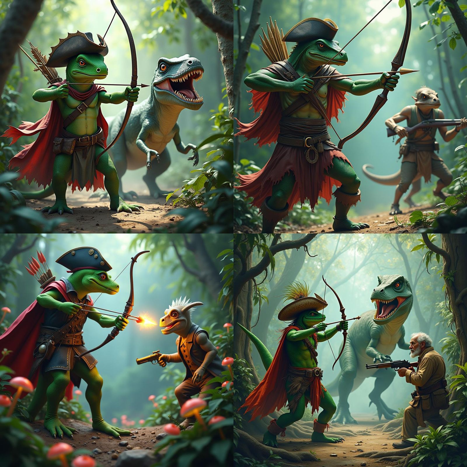 Lizardfolk Pirate Defends Old Man from Velociraptor