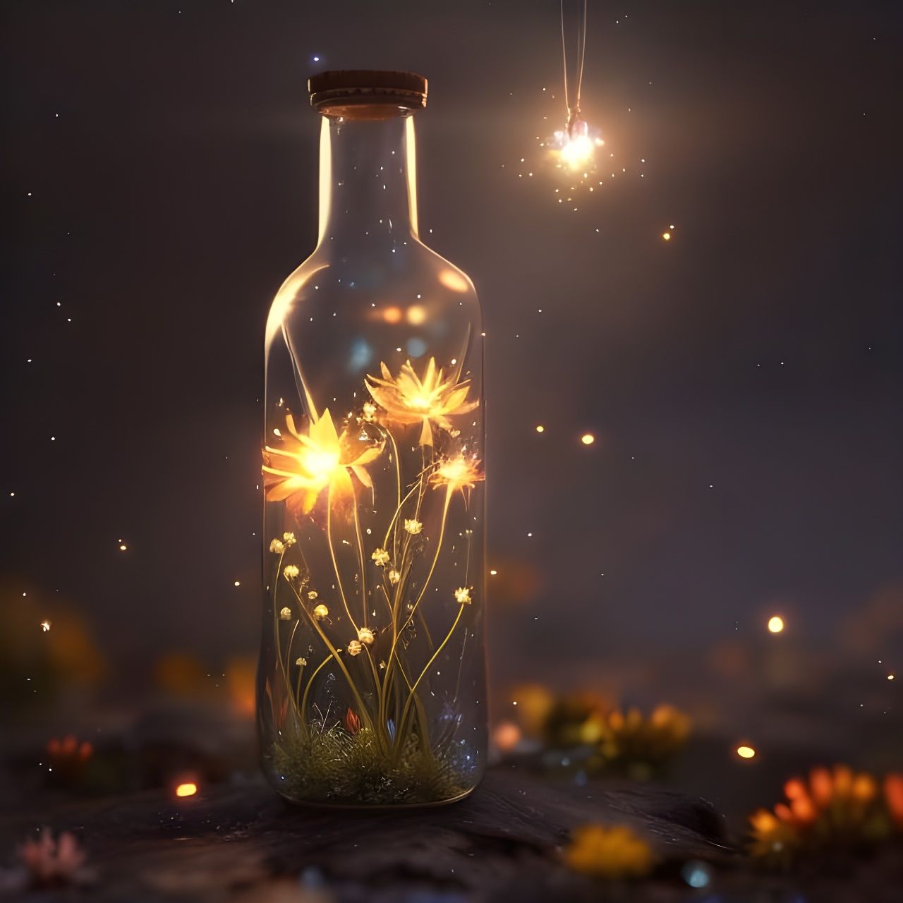 Glowing Flowers in Bottle Under Starry Sky