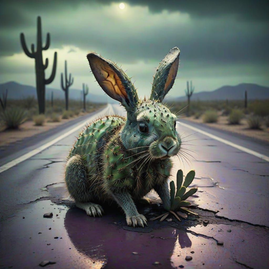 Surreal Cactus Rabbit Hybrid with Witch Hat