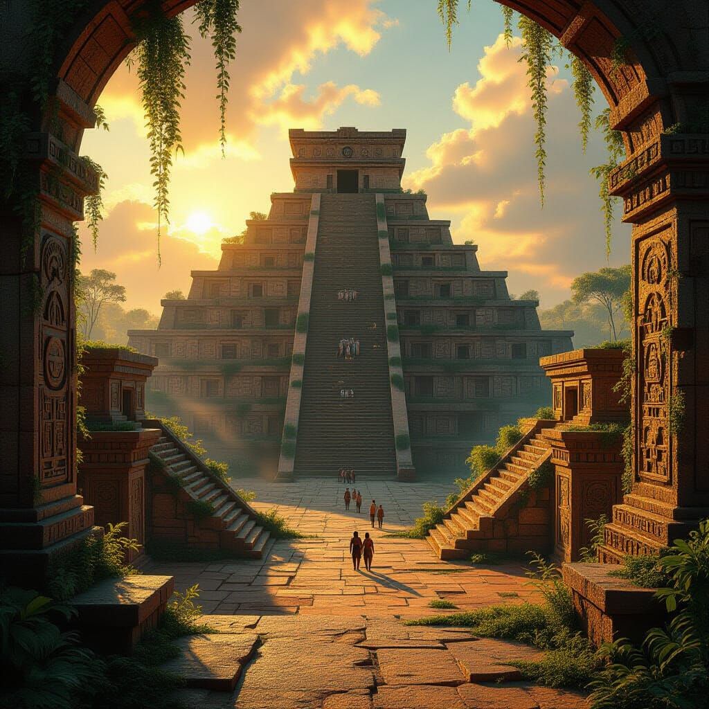 Sun-Drenched Aztec City with Vines and Ancient Runes