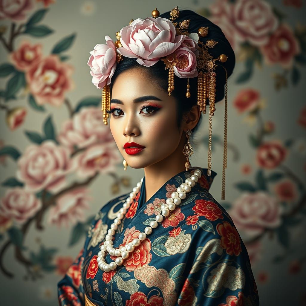 Indonesian Royal Muse in Ornate Kimono