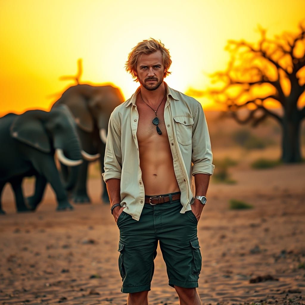 Tall, Handsome Man Stands in African Desert Steppe During Su...