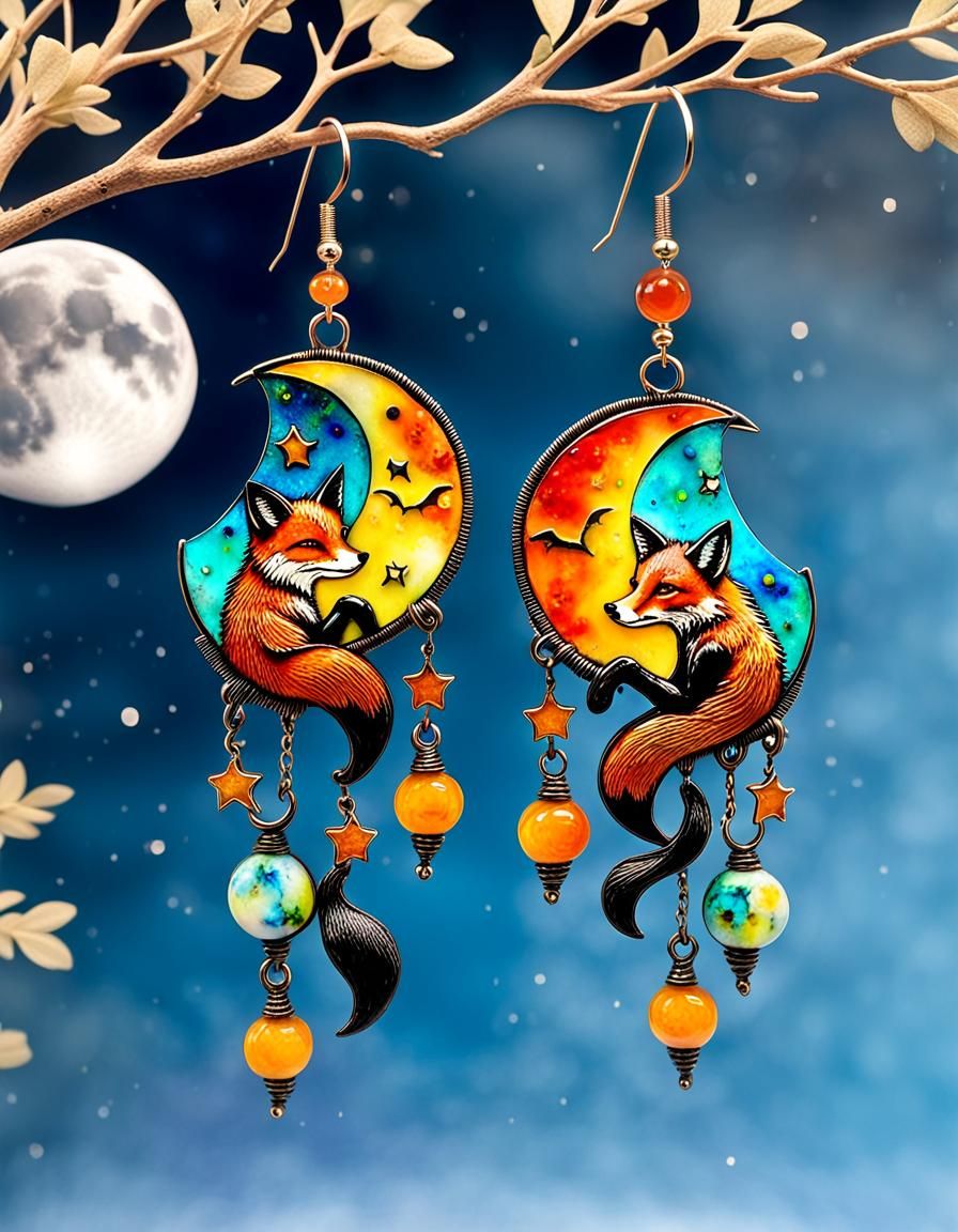 Alcohol Ink Fox Earrings on Black Woman