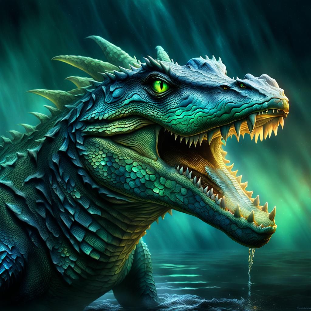 Dragon Crocodile Hybrid Emerges from Misty Waters