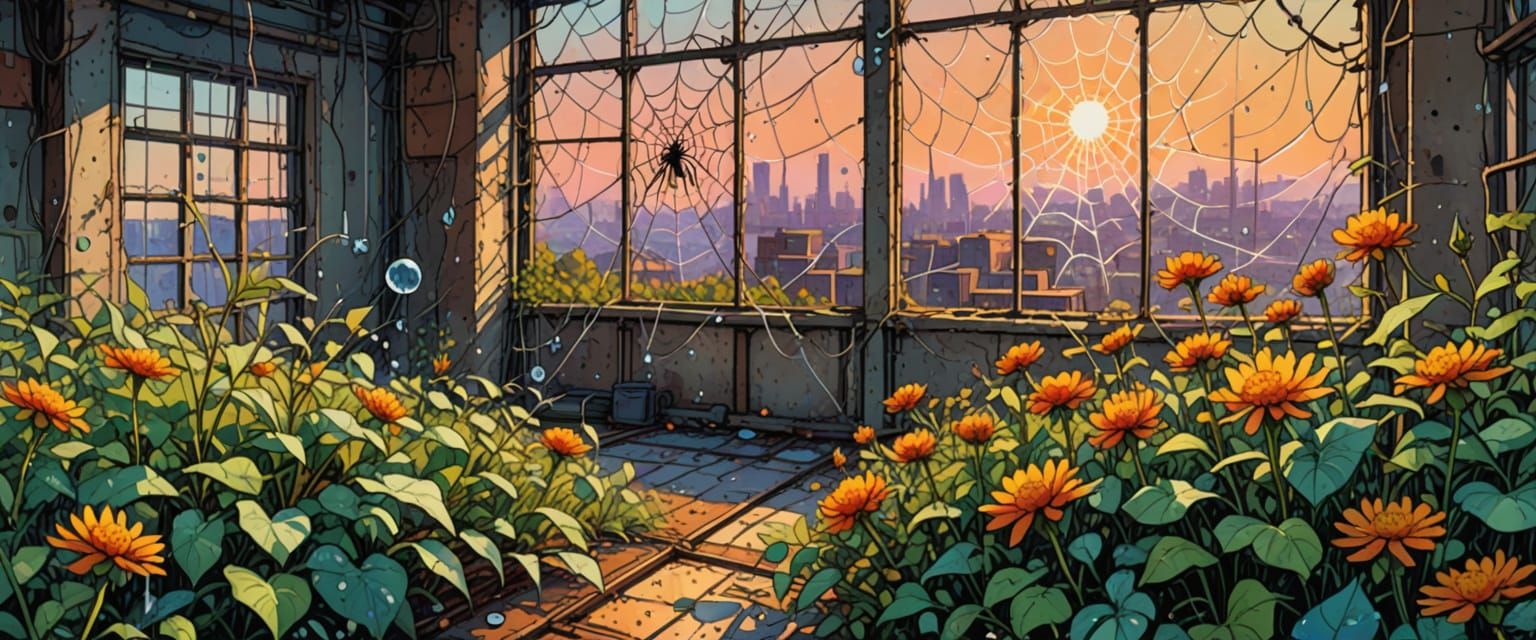 Glistening Spiderwebs in Abandoned Factory: Watercolor Comic