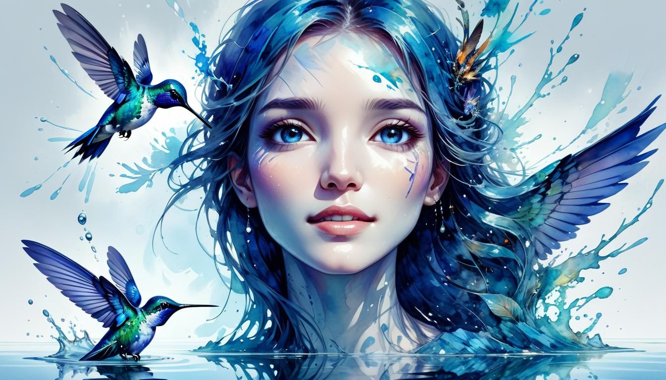 Girl with Hummingbird in Watercolor Fantasy