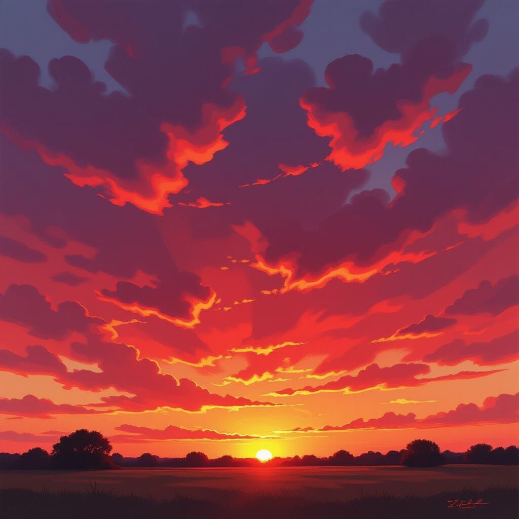Vibrant Red Sky Gouache Painting at Dusk