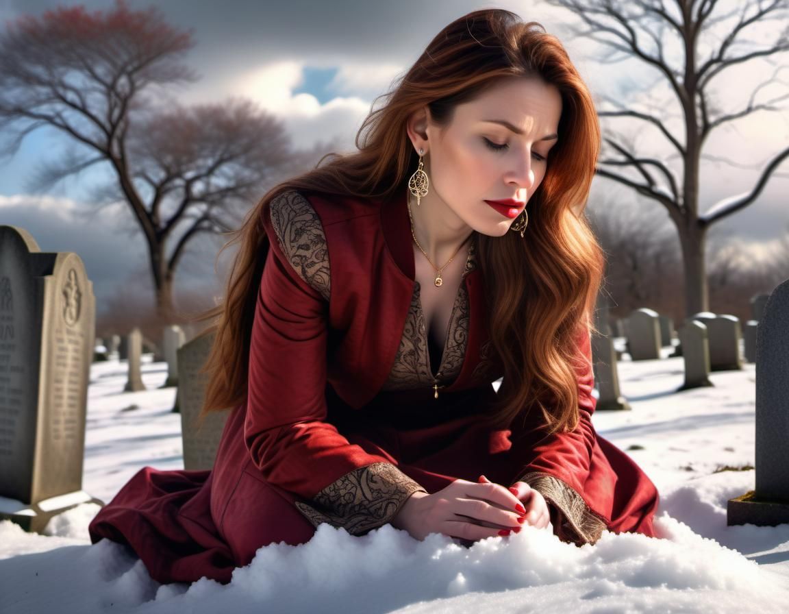 Woman Praying on Snowy Hill in Renaissance Style