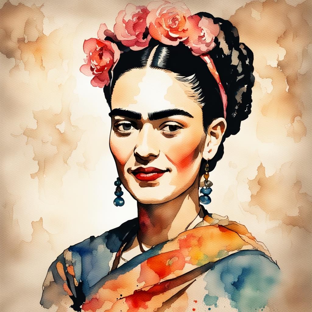 Watercolor Portrait of Smiling Young Woman in Halftone