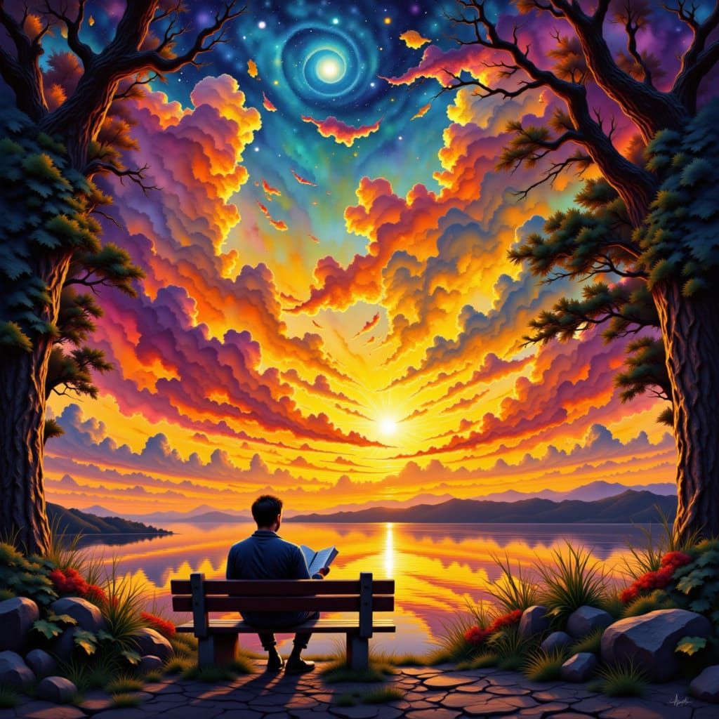 Man Reading on Bench Under Van Gogh Sunset Sky