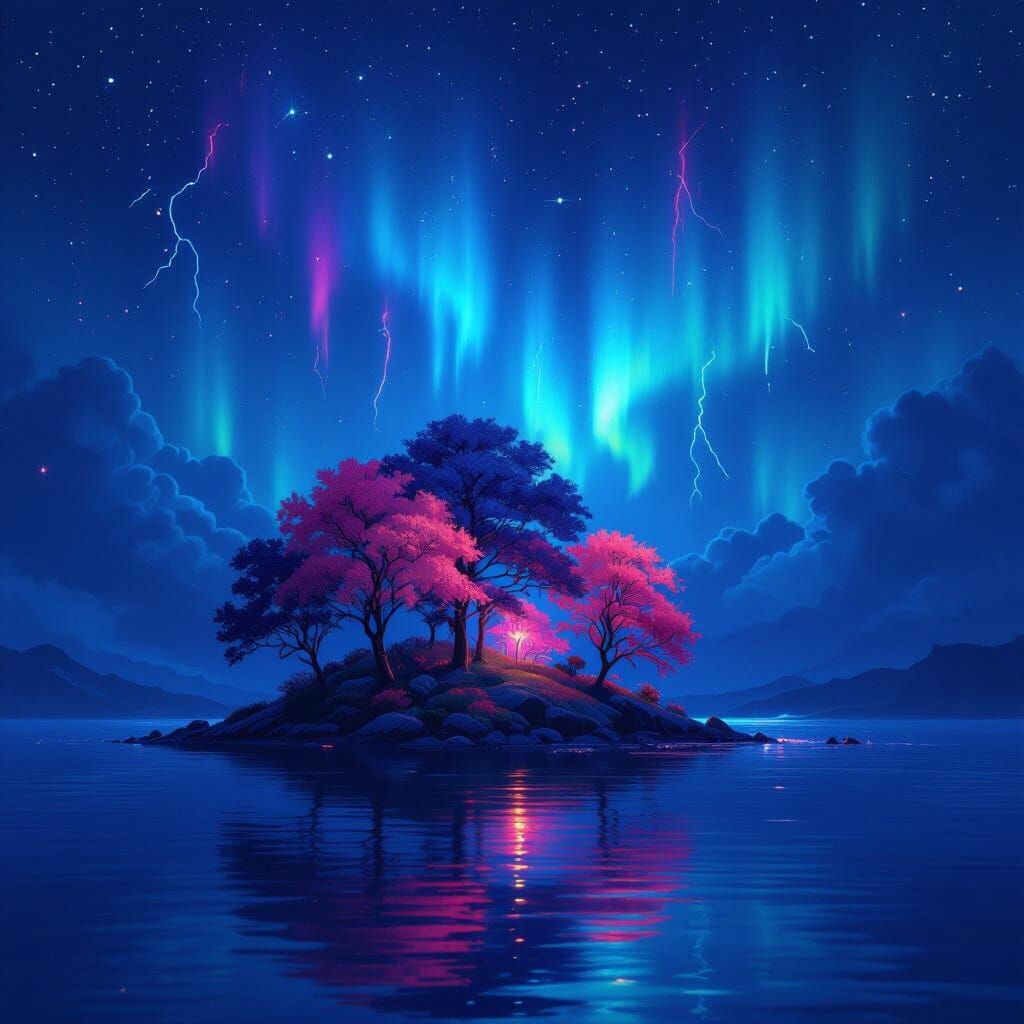Mystical Island with Vibrant Trees and Aurora Borealis