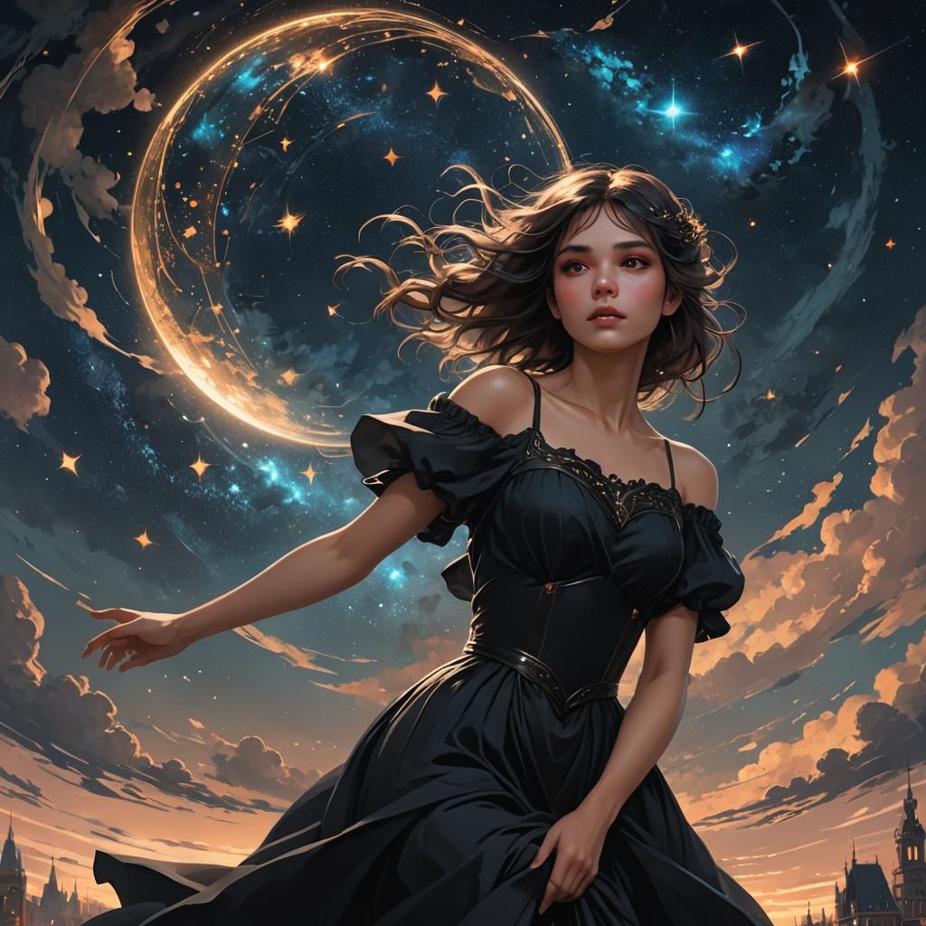 Girl Controls Night Sky: Hyperdetailed Digital Portrait