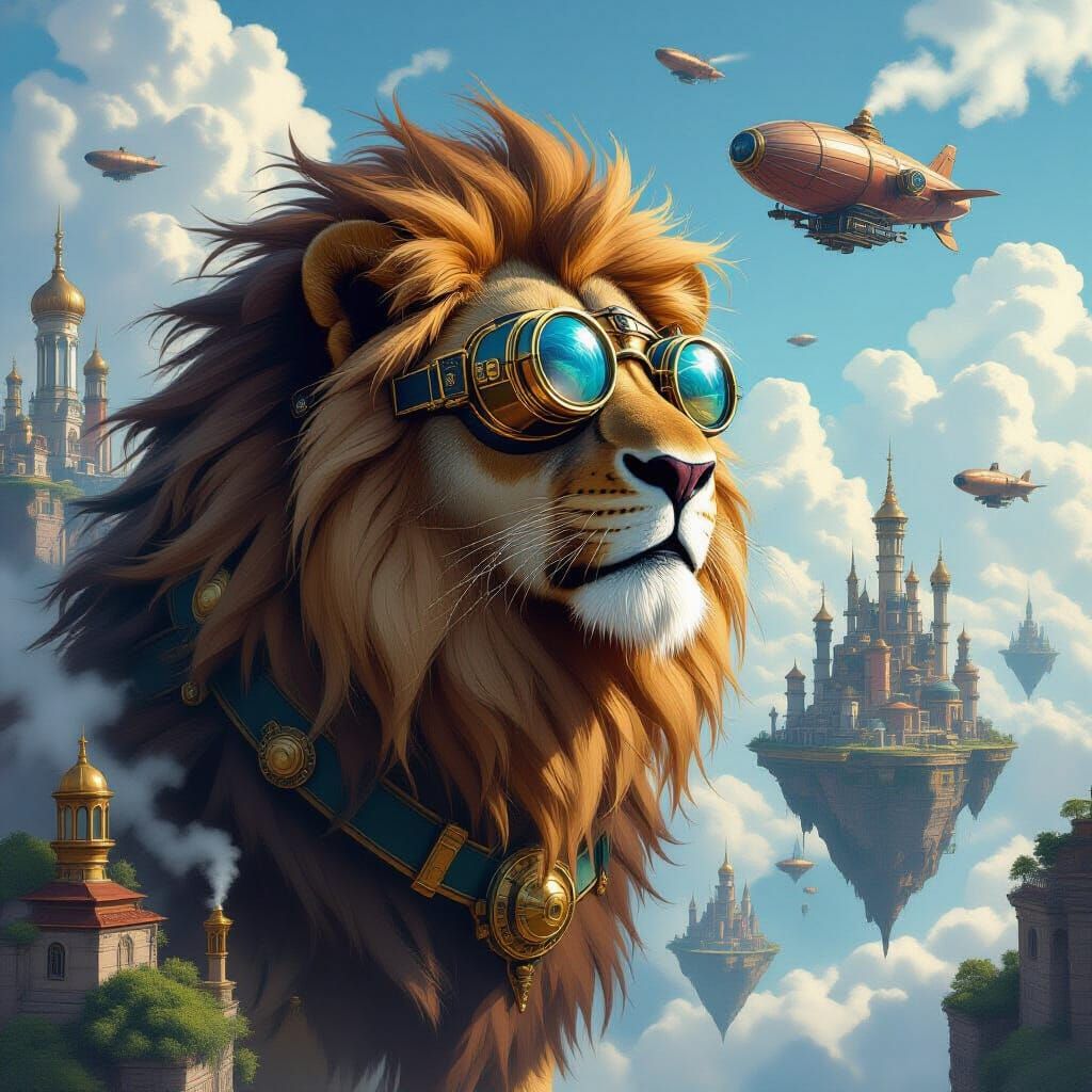 Steampunk Lion Overlooking Floating Cityscape