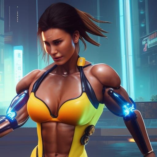 wet tanned big muscular female physique half cyborg enhanced female realistic face chun-li costume, sunny day, 4k