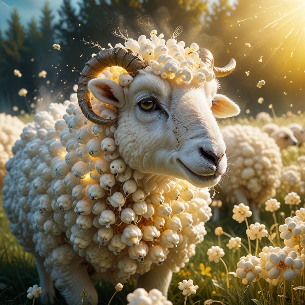 Glowing Popcorn Sheep in Dreamlike Meadow