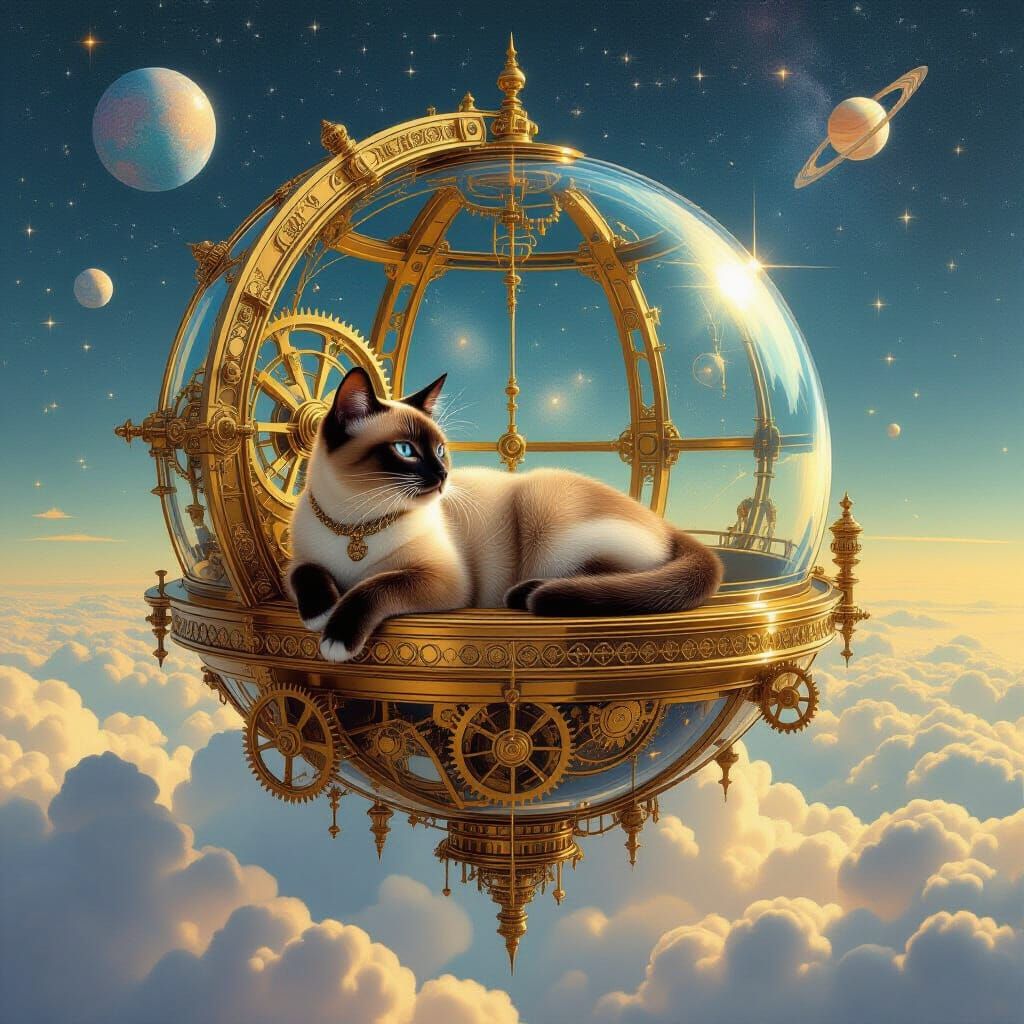 Steampunk Cat in Brass Observatory Amidst Cosmic Clouds
