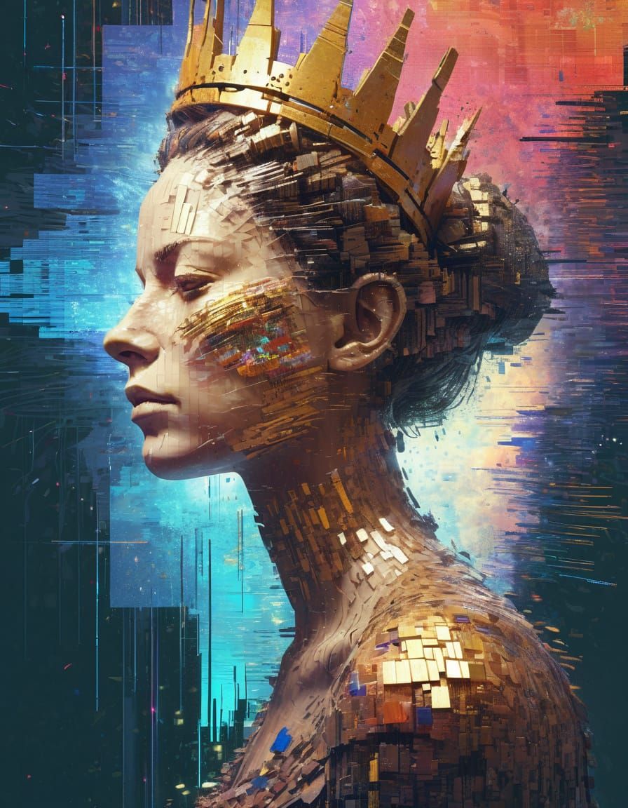 Glitch Portrait: Queen Disintegrating in Cyberpunk Style