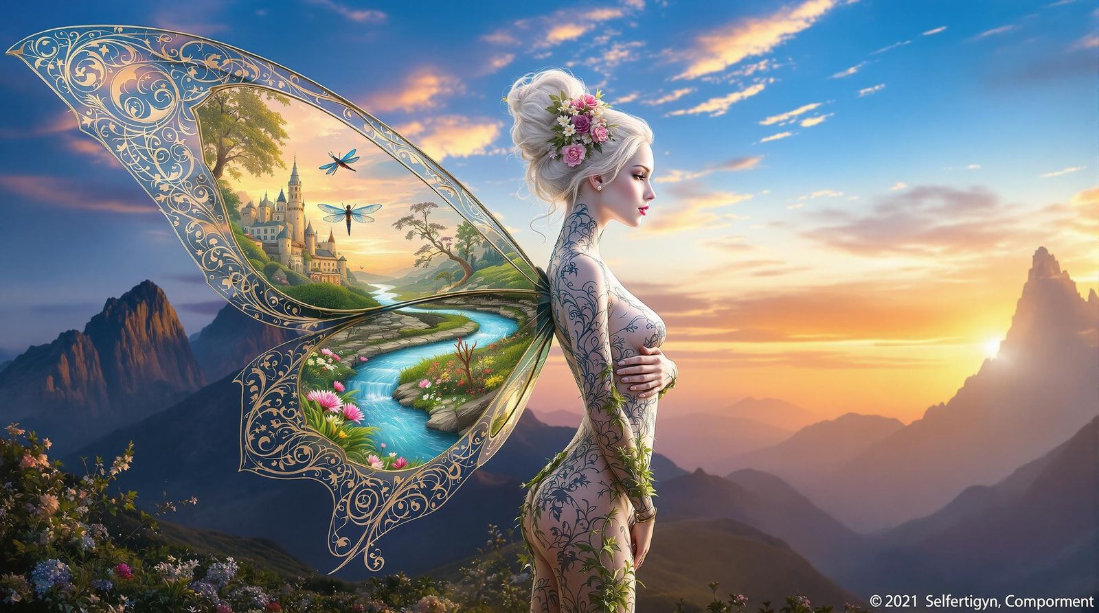Fairy Archivist with Ornate Landscape Wings at Sunset