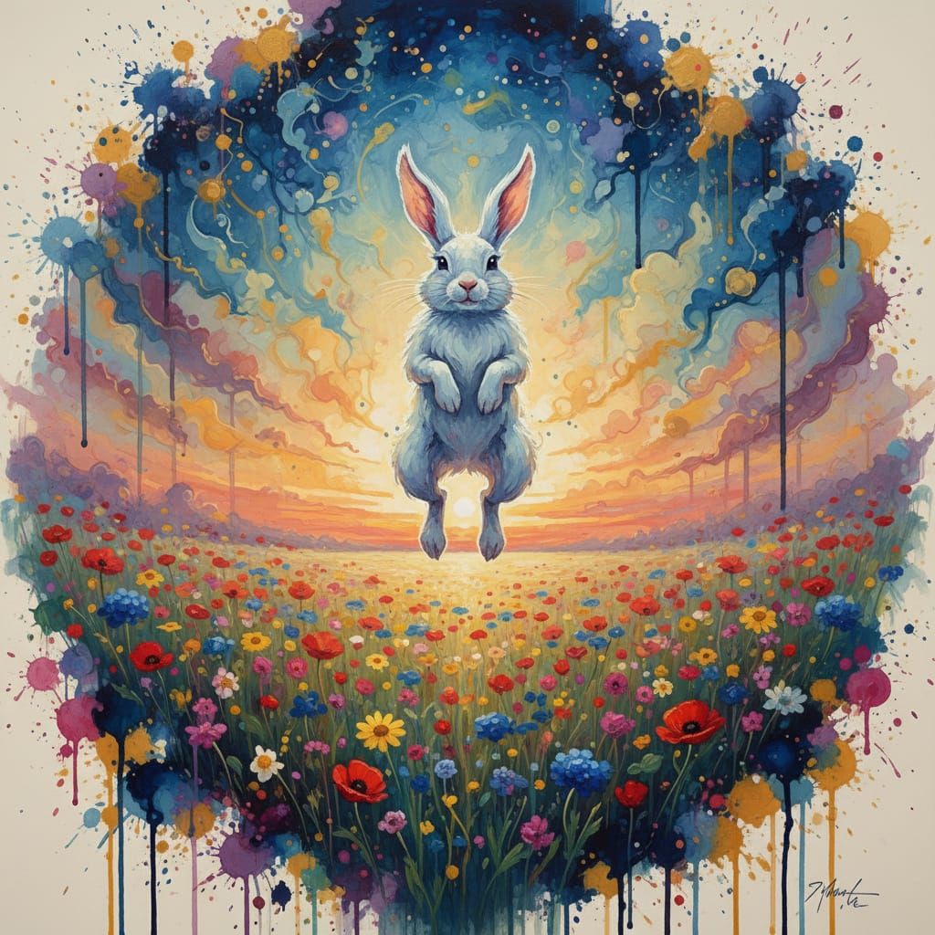 Joyful Rabbit in Daisy Meadow at Sunset